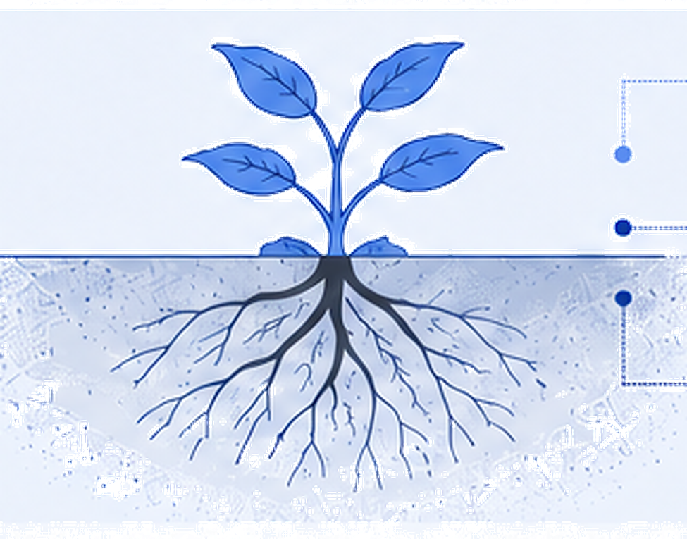 地上の植物と地中に広がる根のイメージ